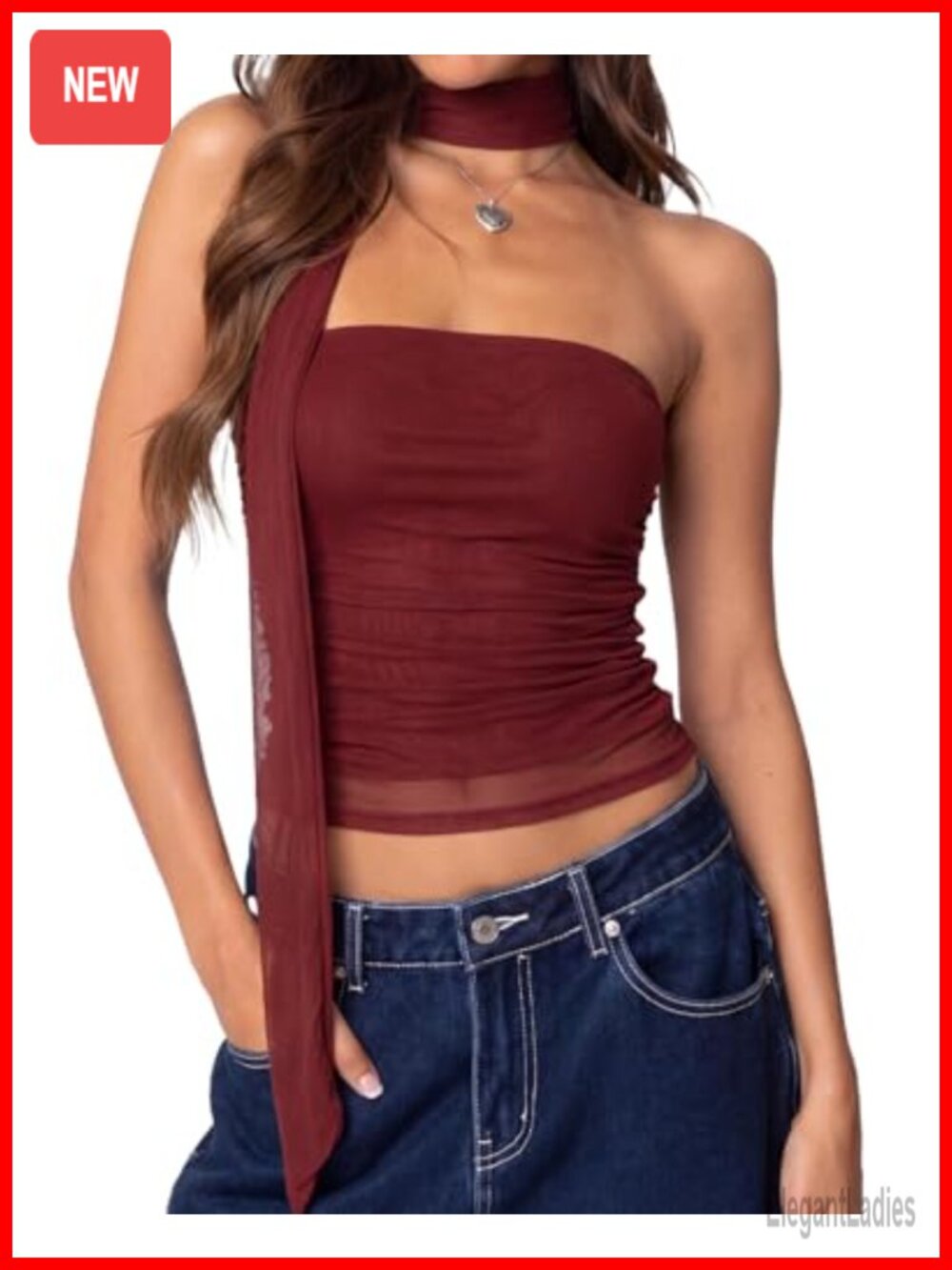 Women's Mesh Tube Top Sleeveless Bandeau Tank with Scarf Y2K Going Out Crop Top